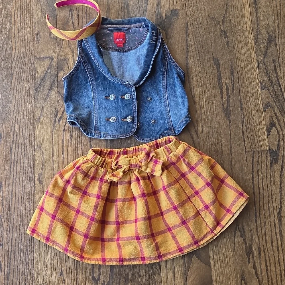 Set Bundle 3 Esprit Medium Washed Denim Vest Floral Lining Plaid Skirt, Headband